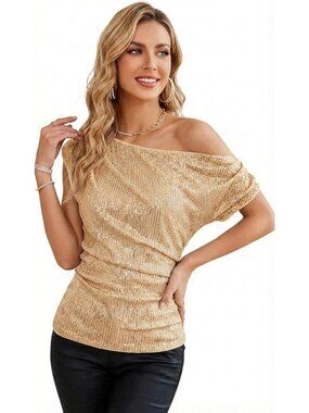 Elegant One Shoulder Sequin Top - Sparkly Off-Shoulder Ruched Glitter Shirt